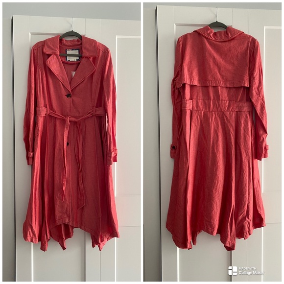 Anthropologie Elle Coral Cotton/Linen Trench Coat Size XL - Picture 4 of 12